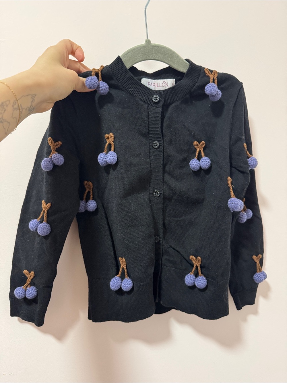 Papillon Blanc Black Cardigan with Lavender Cherry Accents